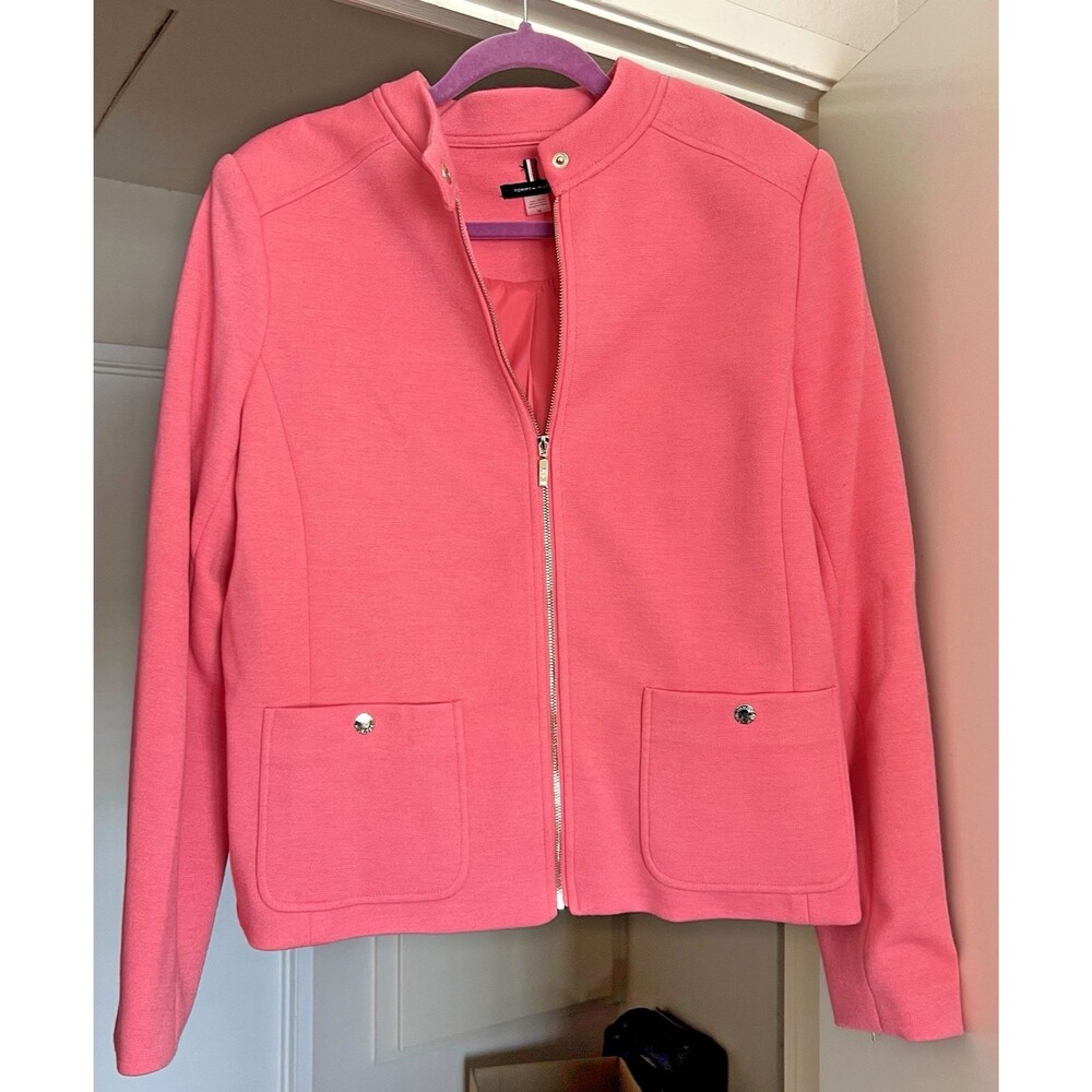 Tommy Hilfiger Pink Full Zip Blazer Moto Style Zip Cuffs Sz 16 Padded Shoulders